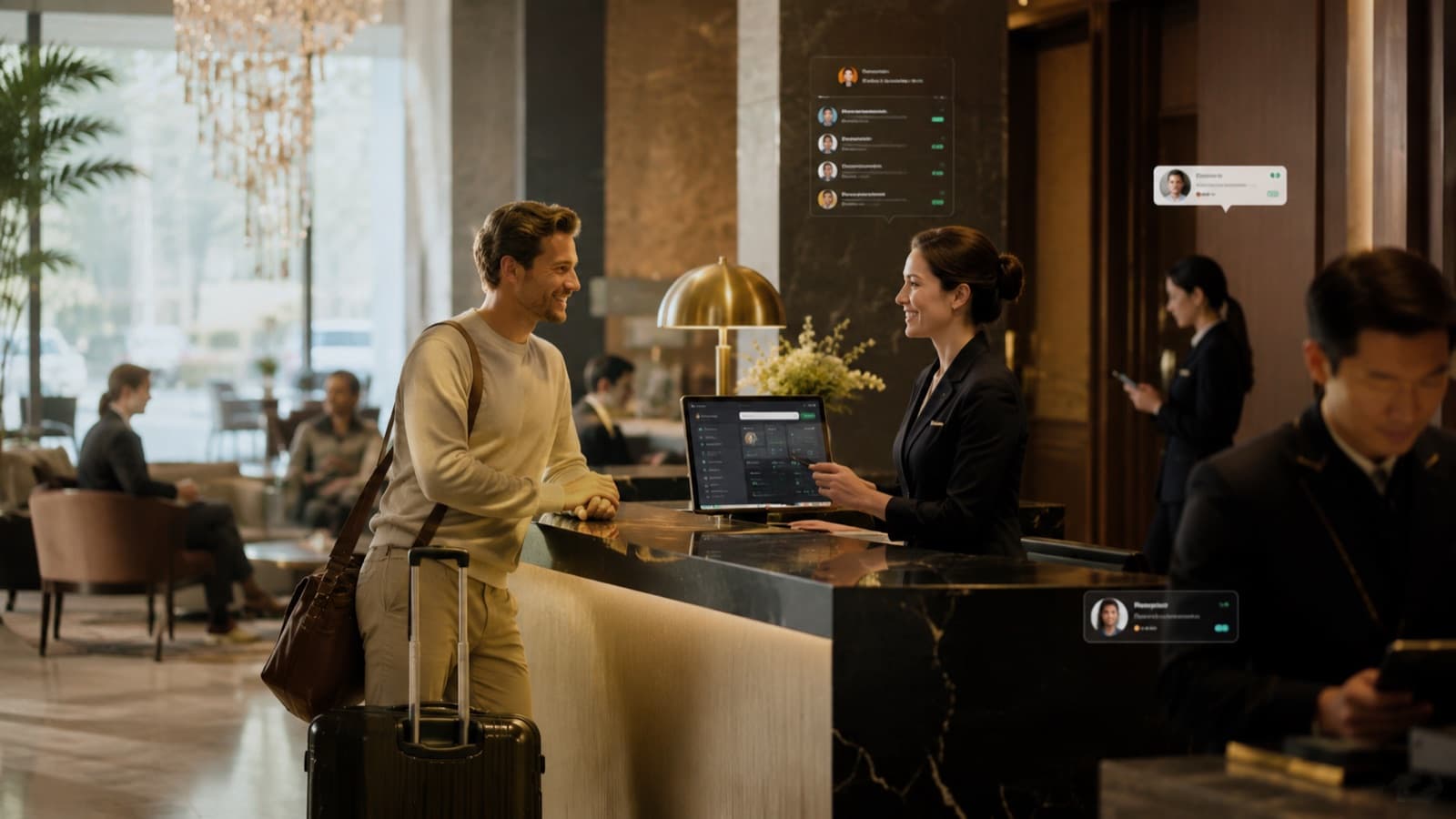 Hotel front desk where an AI operating layer connects guest conversations to reservations and service requests in real time