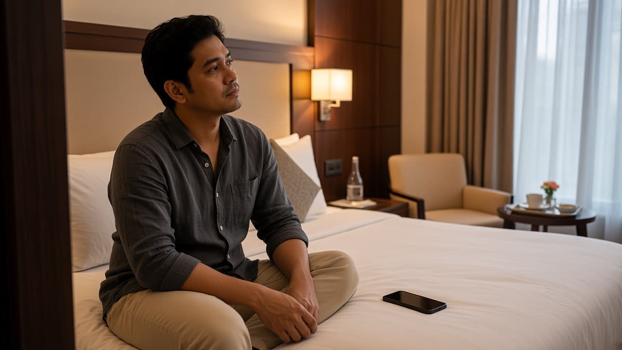 Guest sitting on a hotel bed with an unused phone, an almost complaint that never gets told to the hotel