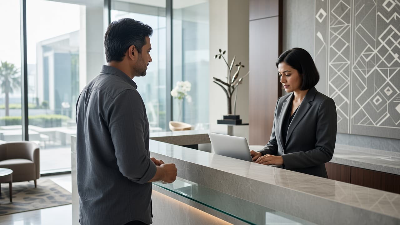 Hotel guest waiting at a glass reception desk while the agent looks at a laptop instead of at him, an SOP without empathy