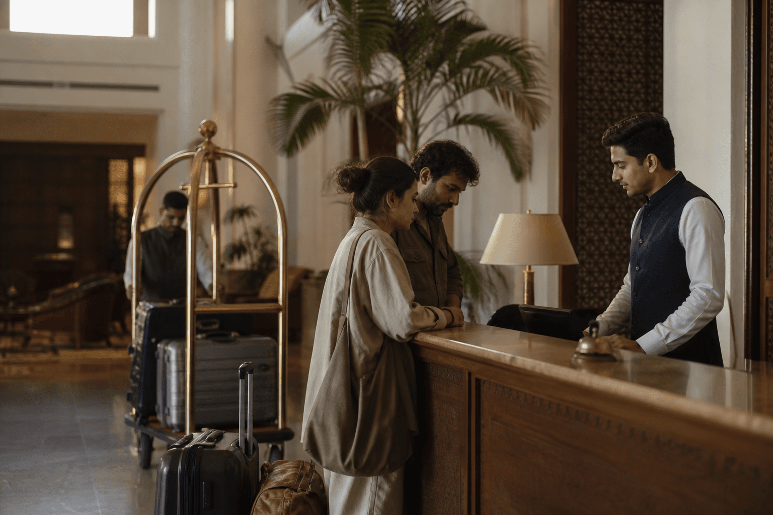 Guests arriving at a hotel reception desk in the first minutes of stay, with a porter and luggage in a warm lobby