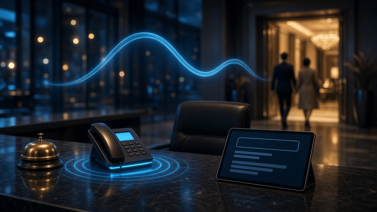 Hotel front desk at dusk with a receptionist's empty station, a ringing desk phone and a glowing call-volume curve peaking in the late afternoon and evening