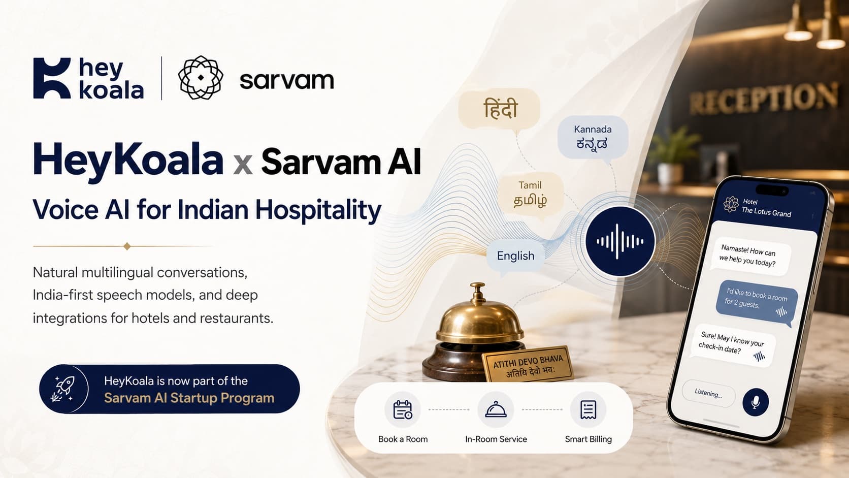 HeyKoala x Sarvam AI: voice AI for Indian hospitality, with a hotel reception bell and a multilingual guest conversation on a phone