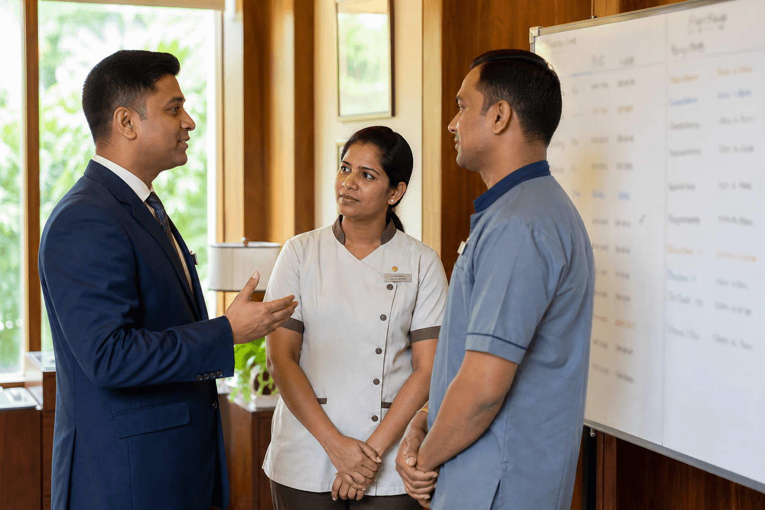 Hotel duty manager briefing housekeeping and maintenance supervisors as equals in a back office, building accountability without micromanaging