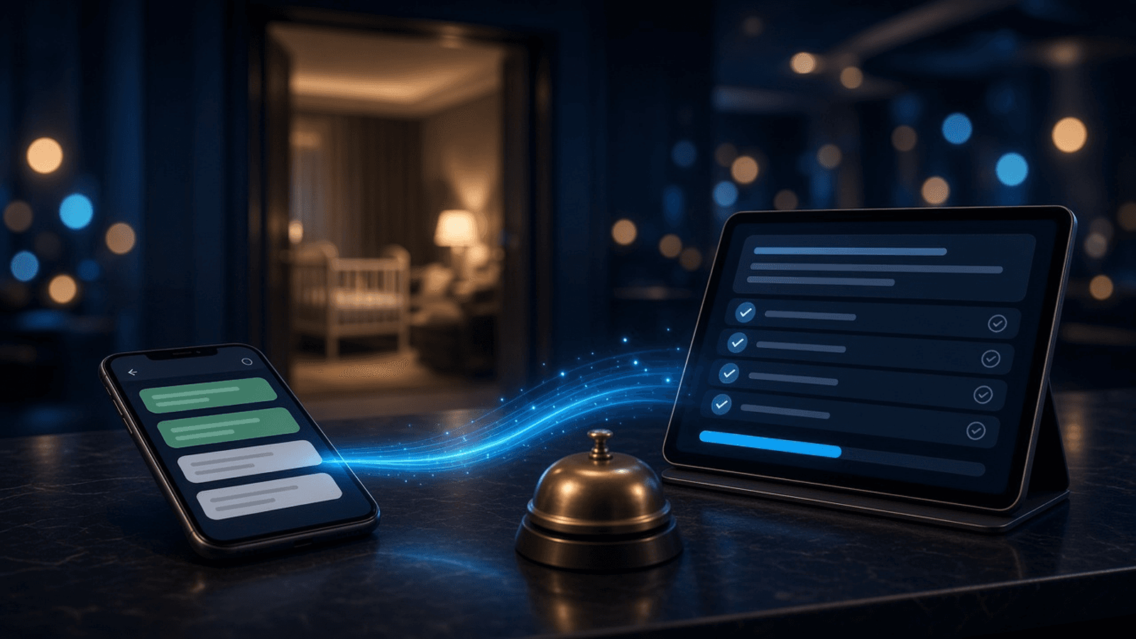 Hotel front desk at night with a phone showing a WhatsApp guest thread, a glowing line carrying the replies to a tablet reservation checklist, a brass service bell between them, and a prepared room with a baby cot in the background