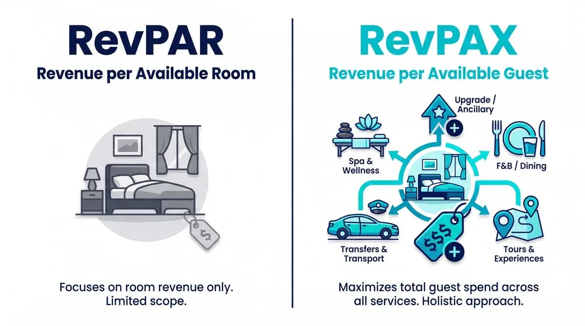 RevPAR vs RevPAX comparison showing total guest revenue streams across rooms, F&B, spa, tours and upgrades