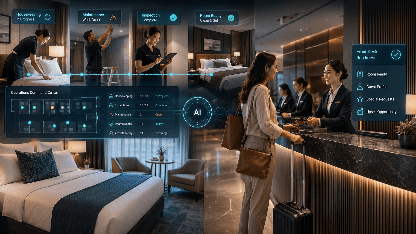 Hotel operations command center dashboard tracking housekeeping, maintenance, inspections and rooms ready across the property