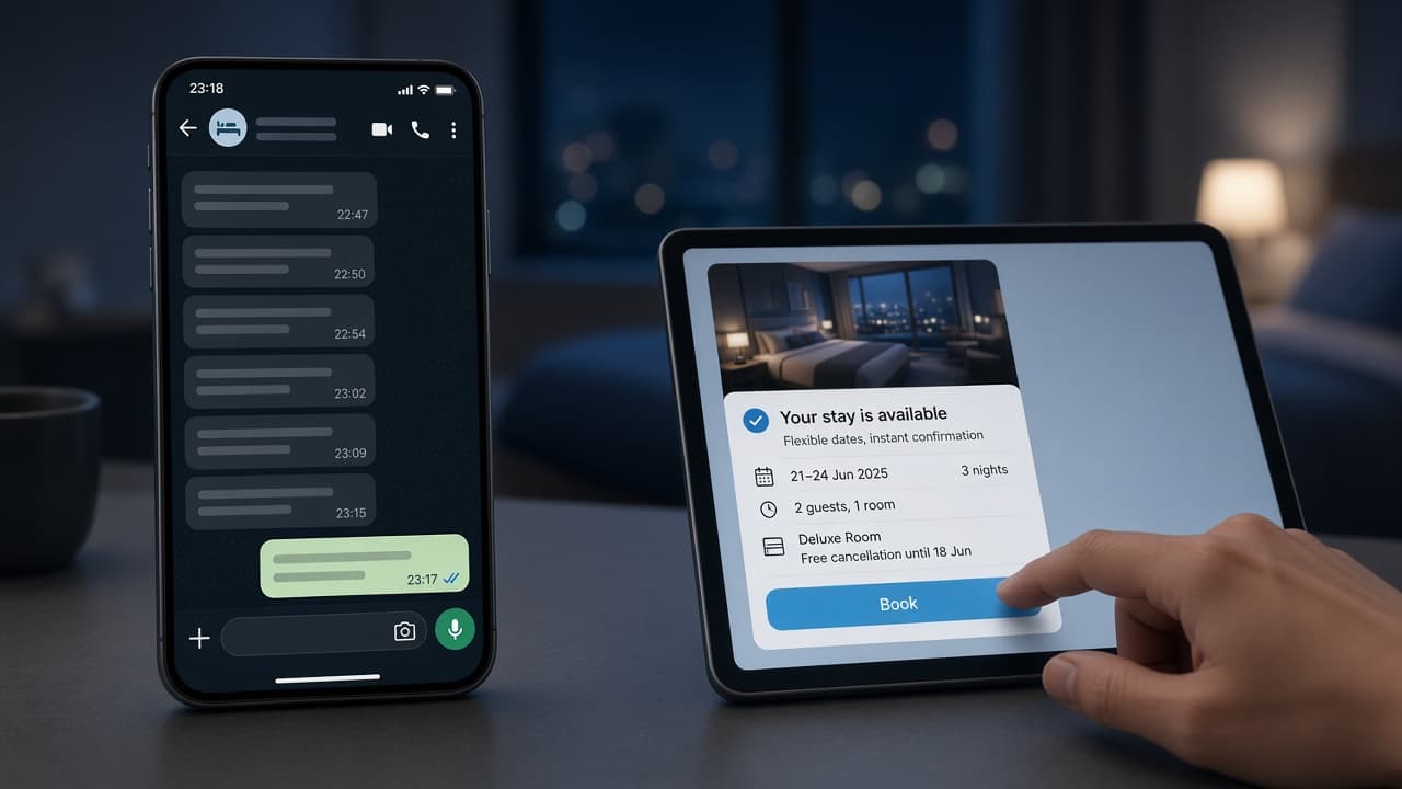 Unanswered hotel WhatsApp at 23:18 next to an OTA book button, an after-hours hotel inquiry leaving the property