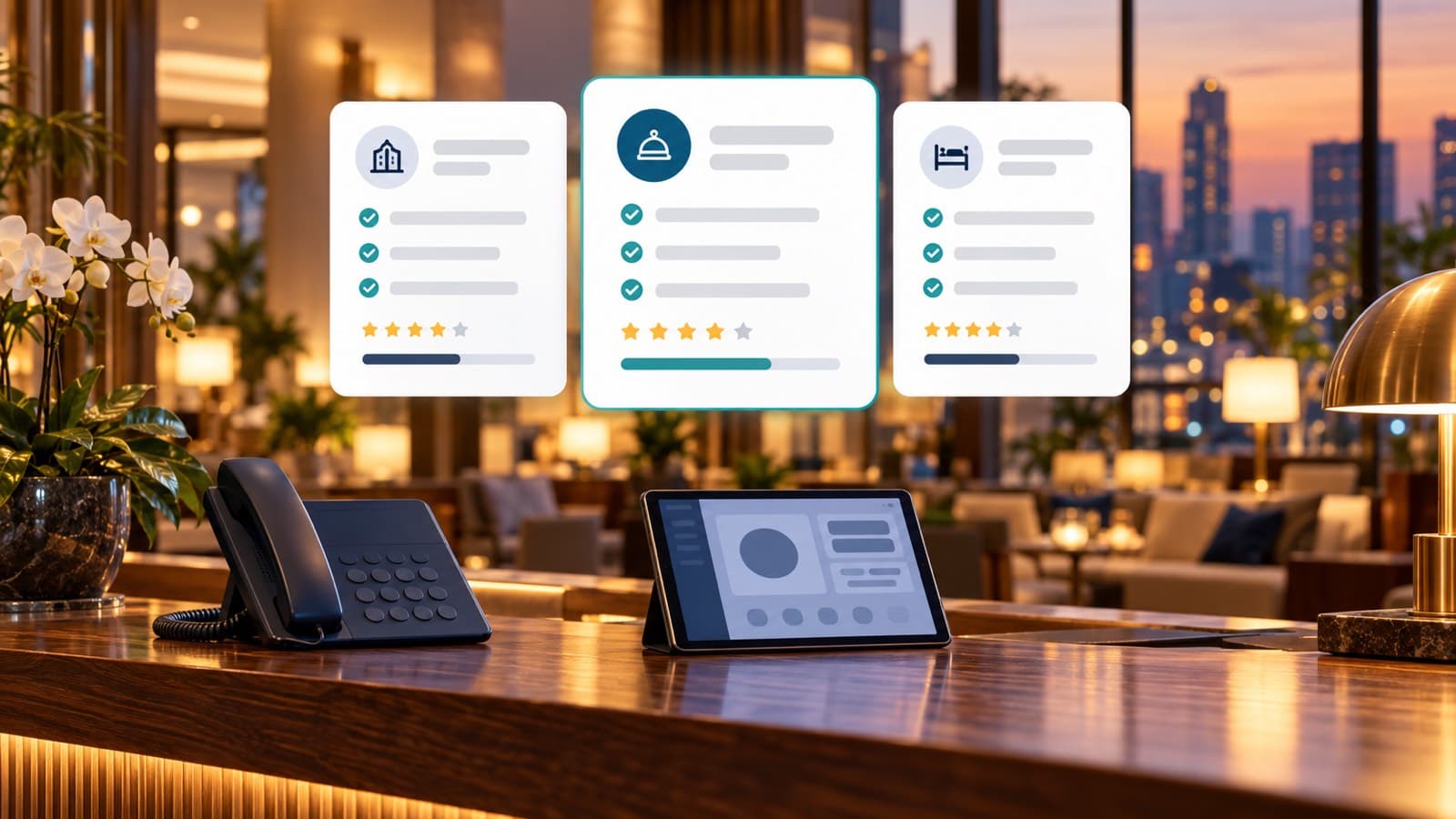 Hotel front desk at dusk with a phone and tablet, and three AI voice agent platforms compared side by side
