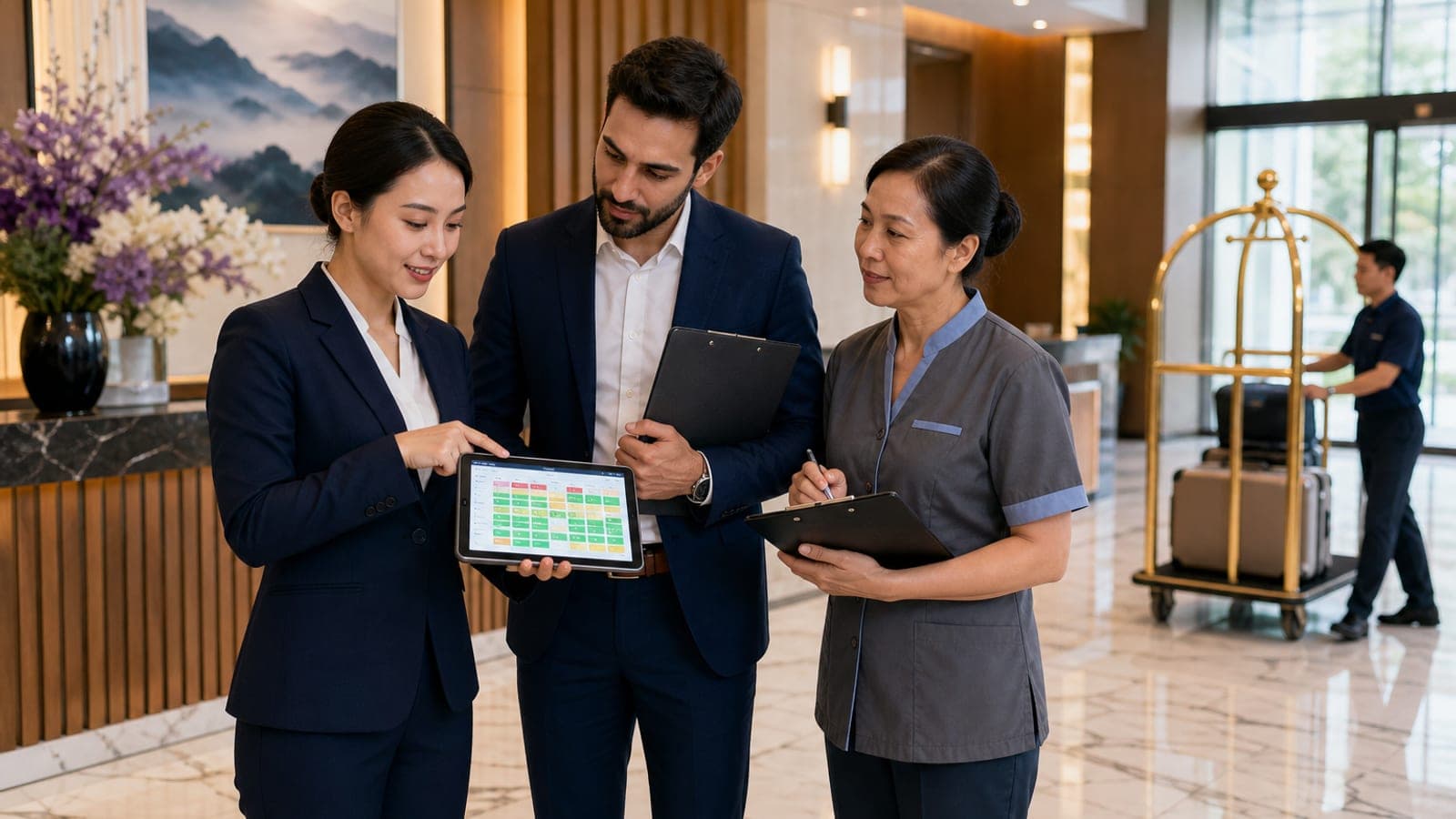 Front office, management and housekeeping staff reviewing a shared operations dashboard together in a hotel lobby before peak occupancy