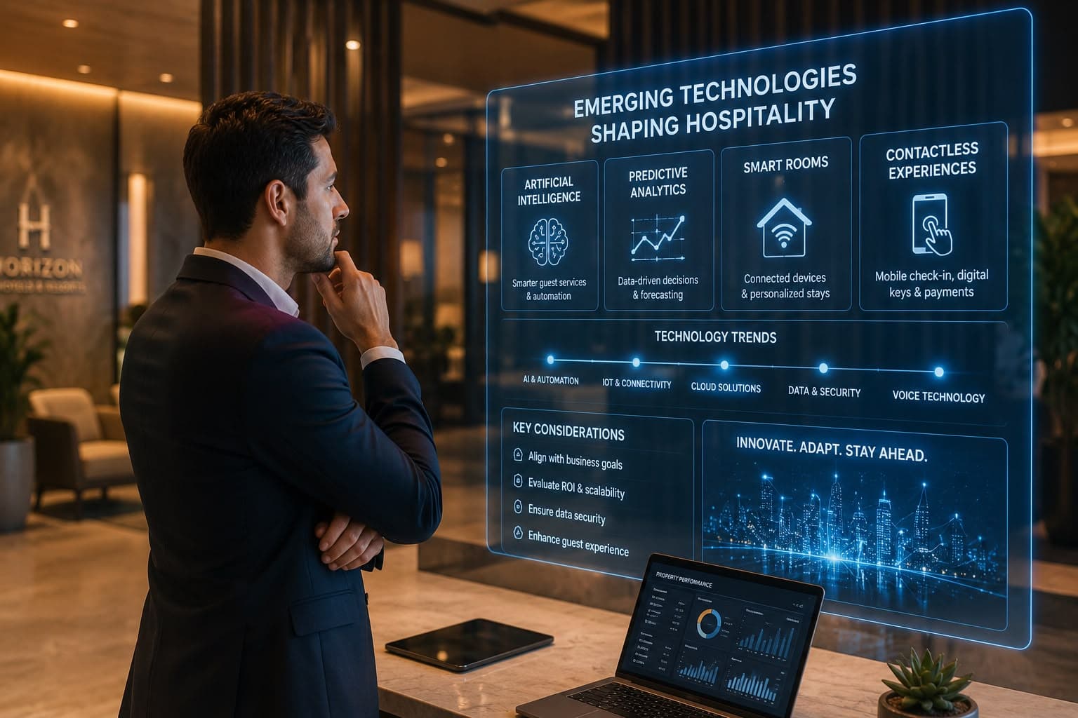 A hotel executive reviewing emerging hospitality technologies (AI, predictive analytics, smart rooms and contactless services) on an interactive display in a modern lobby