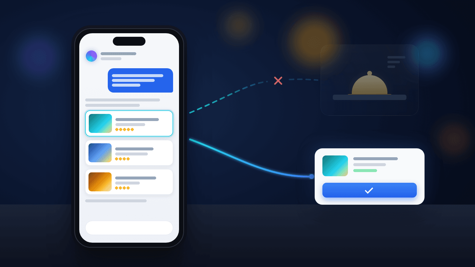 Phone showing an AI assistant recommending three hotels, with a broken handoff line to a hotel front desk and a clean line to an OTA book button