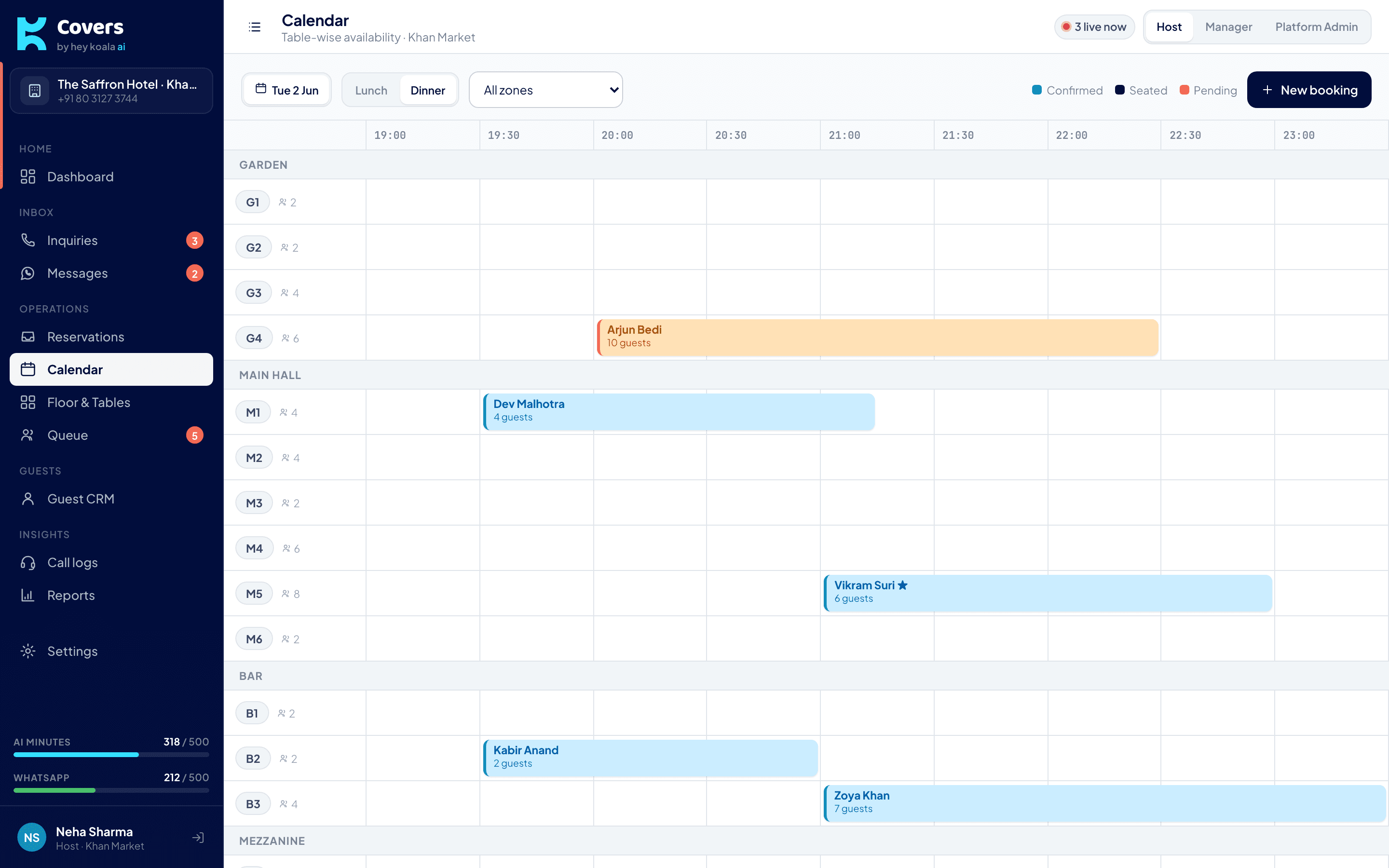 Covers table-wise reservation calendar showing bookings across garden, main hall and bar zones
