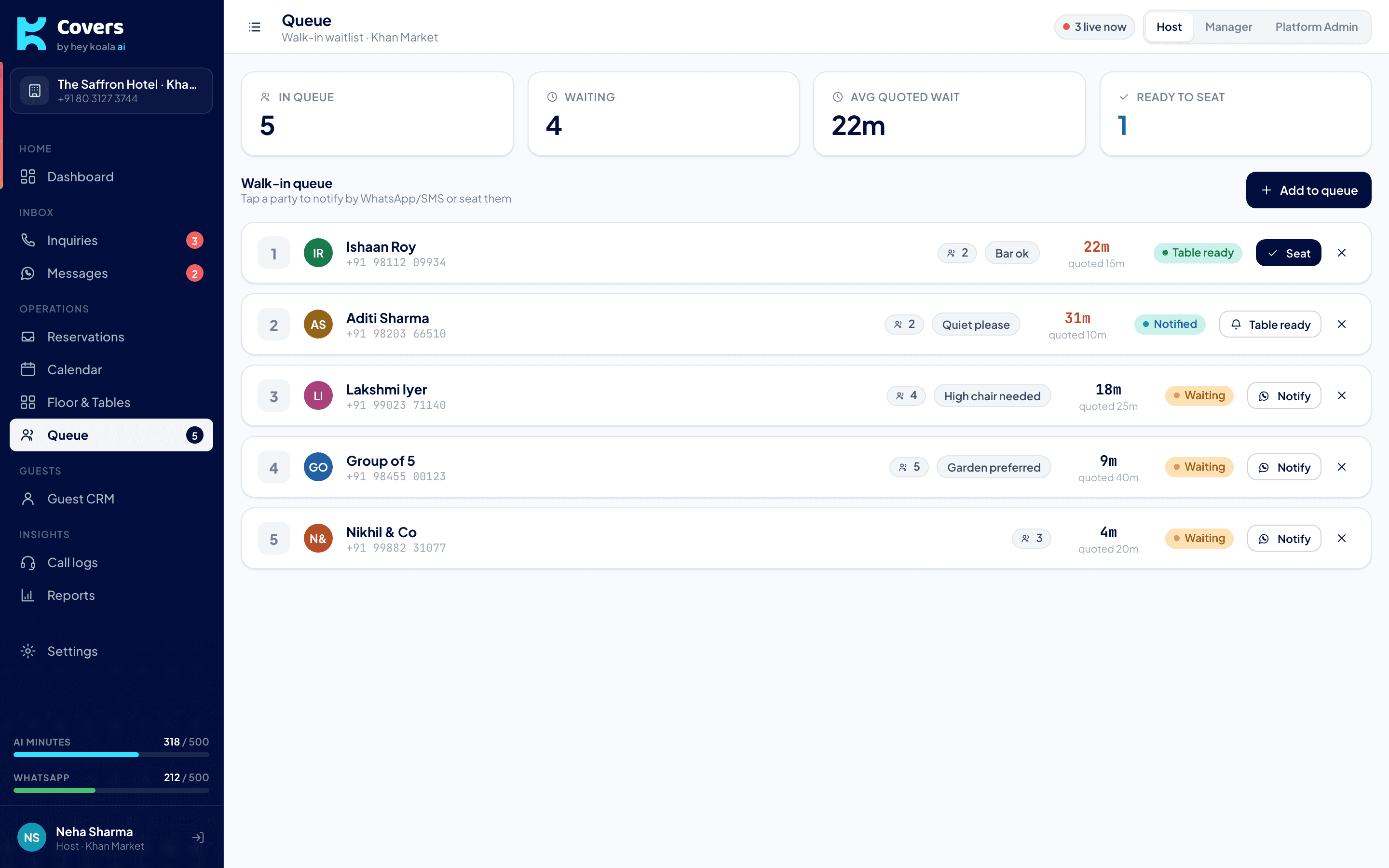 Covers walk-in queue manager with quoted wait times and one-tap notify