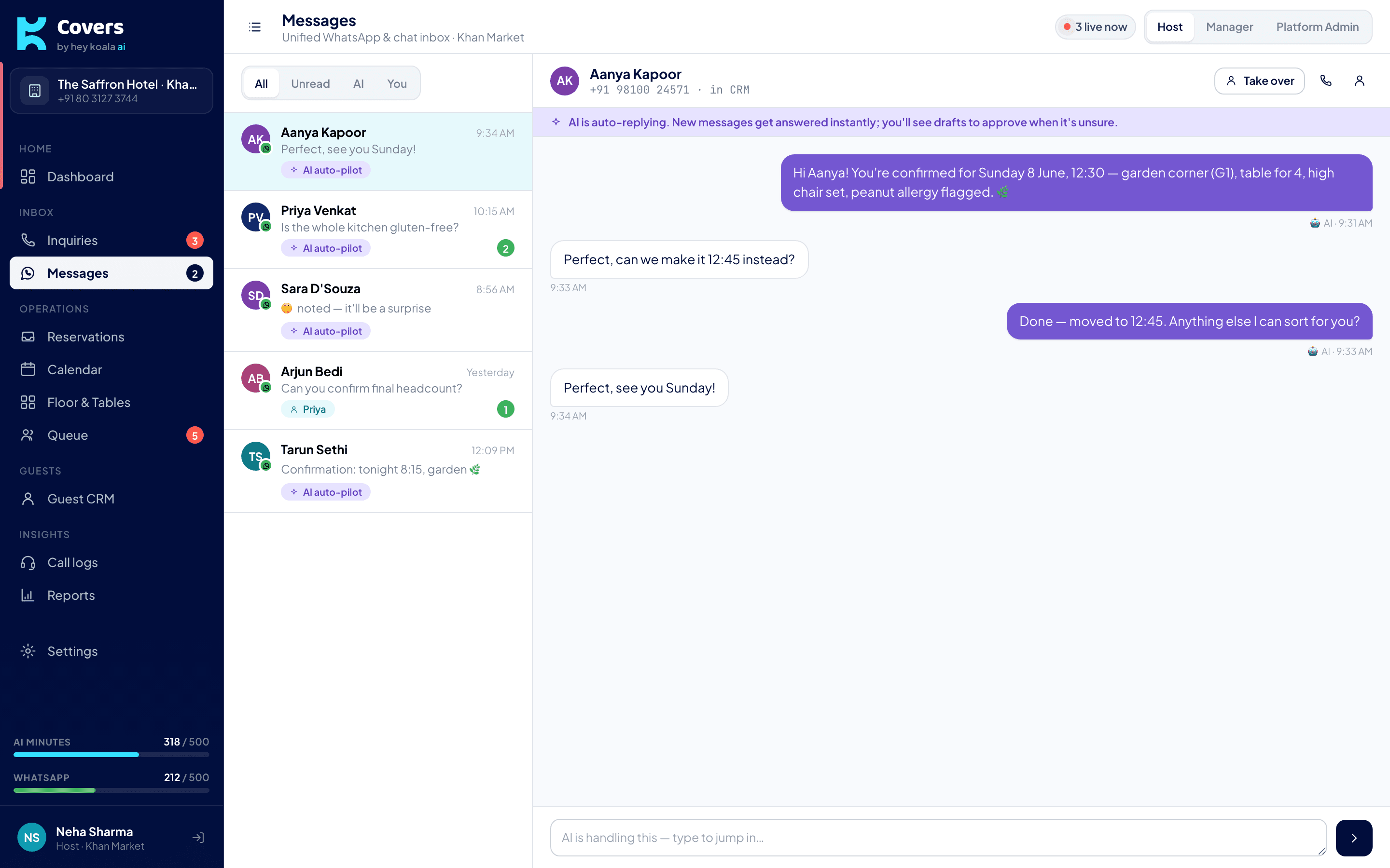 Covers WhatsApp AI inbox confirming a reservation and rescheduling it on the guest request