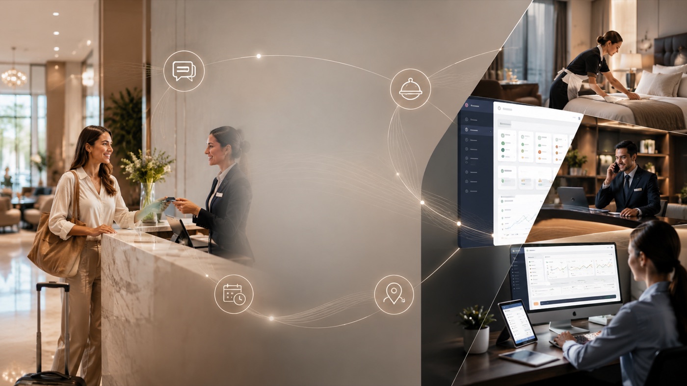 An AI operating layer connecting a hotel's guest messaging, reservations, housekeeping, concierge and operations dashboard into one workflow