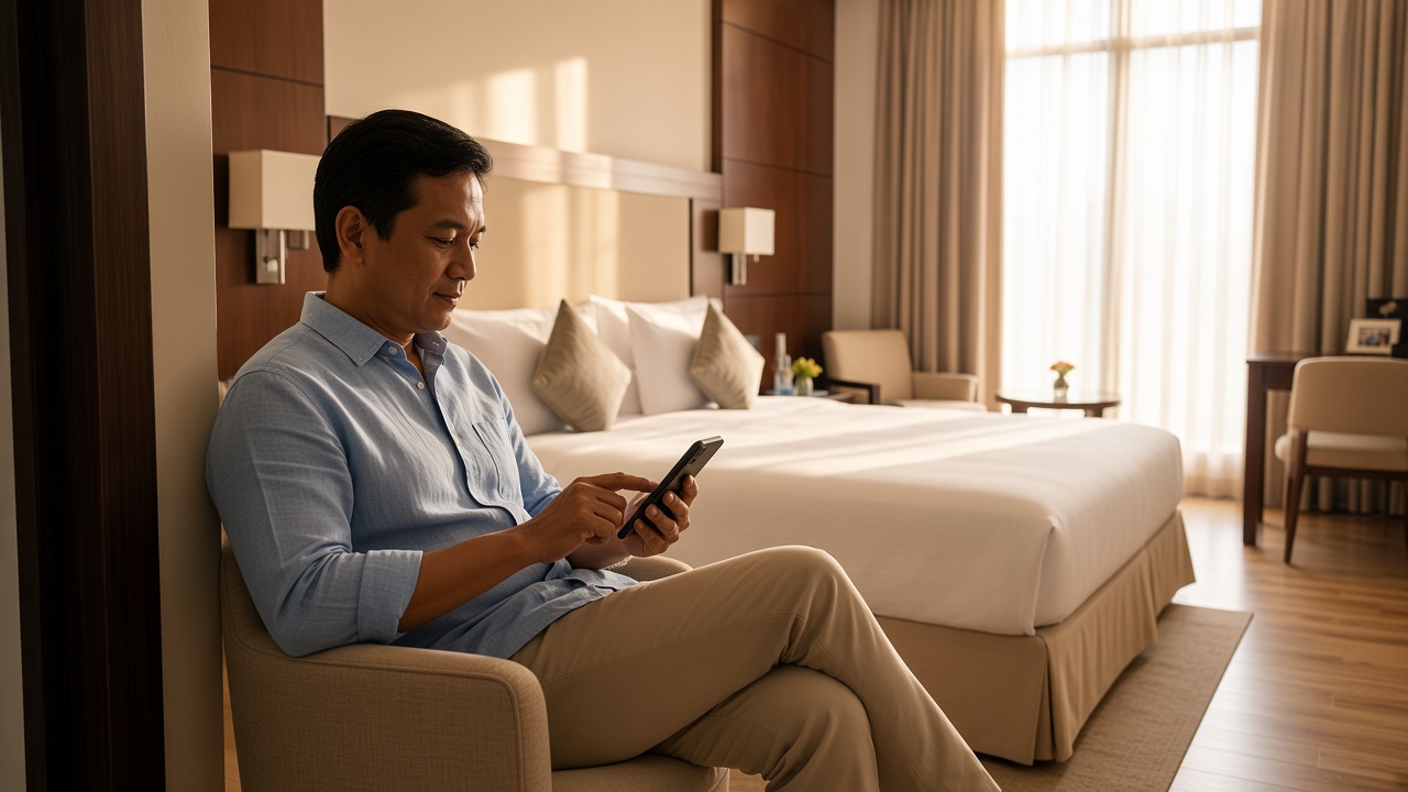 Guest sending a short message from a hotel room so a small problem does not stay an almost complaint
