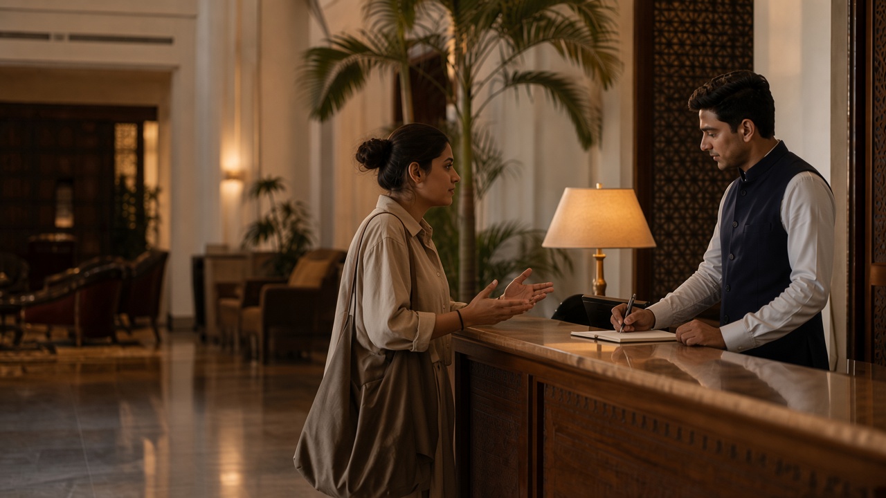 Guest explaining a room problem to a hotel receptionist who writes the almost complaint down