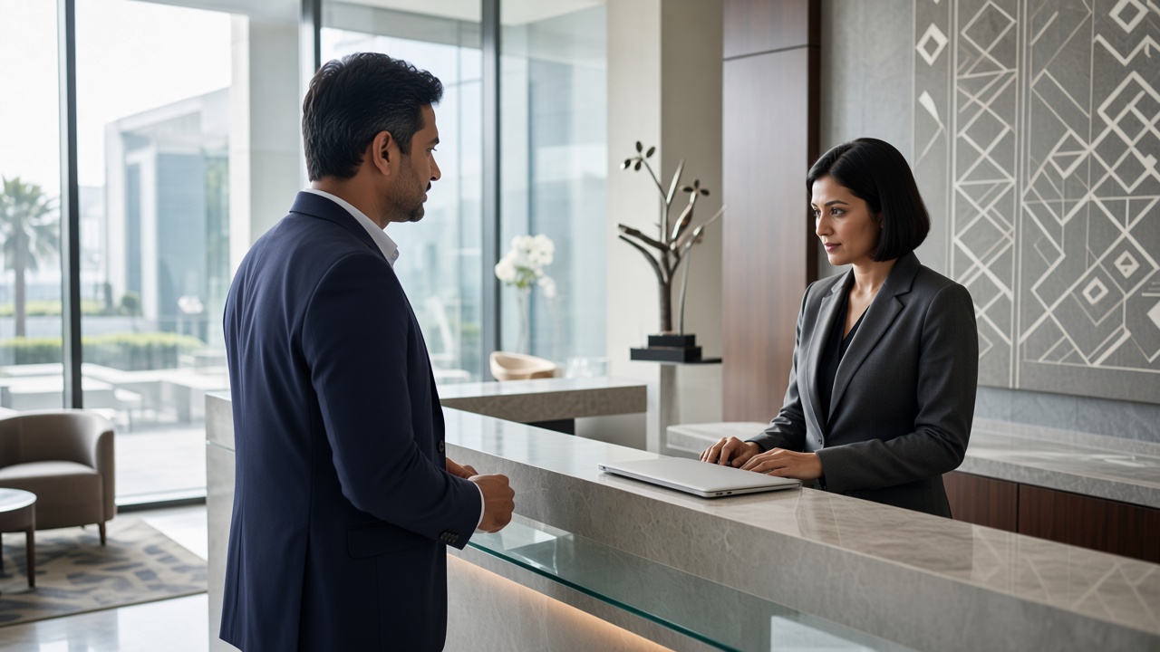 Hotel receptionist looking at the guest across a closed laptop, asking about the stay instead of reading a checklist