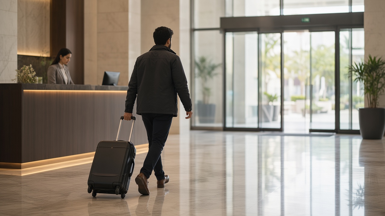 Guest walking out of a hotel with a suitcase while the receptionist stays looking at her screen