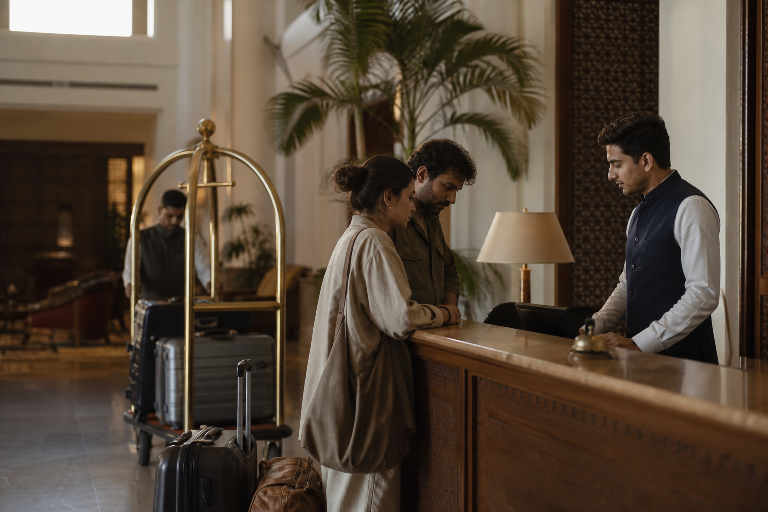 Guests arriving at a hotel reception desk in the first minutes of stay, with a porter and luggage in a warm lobby