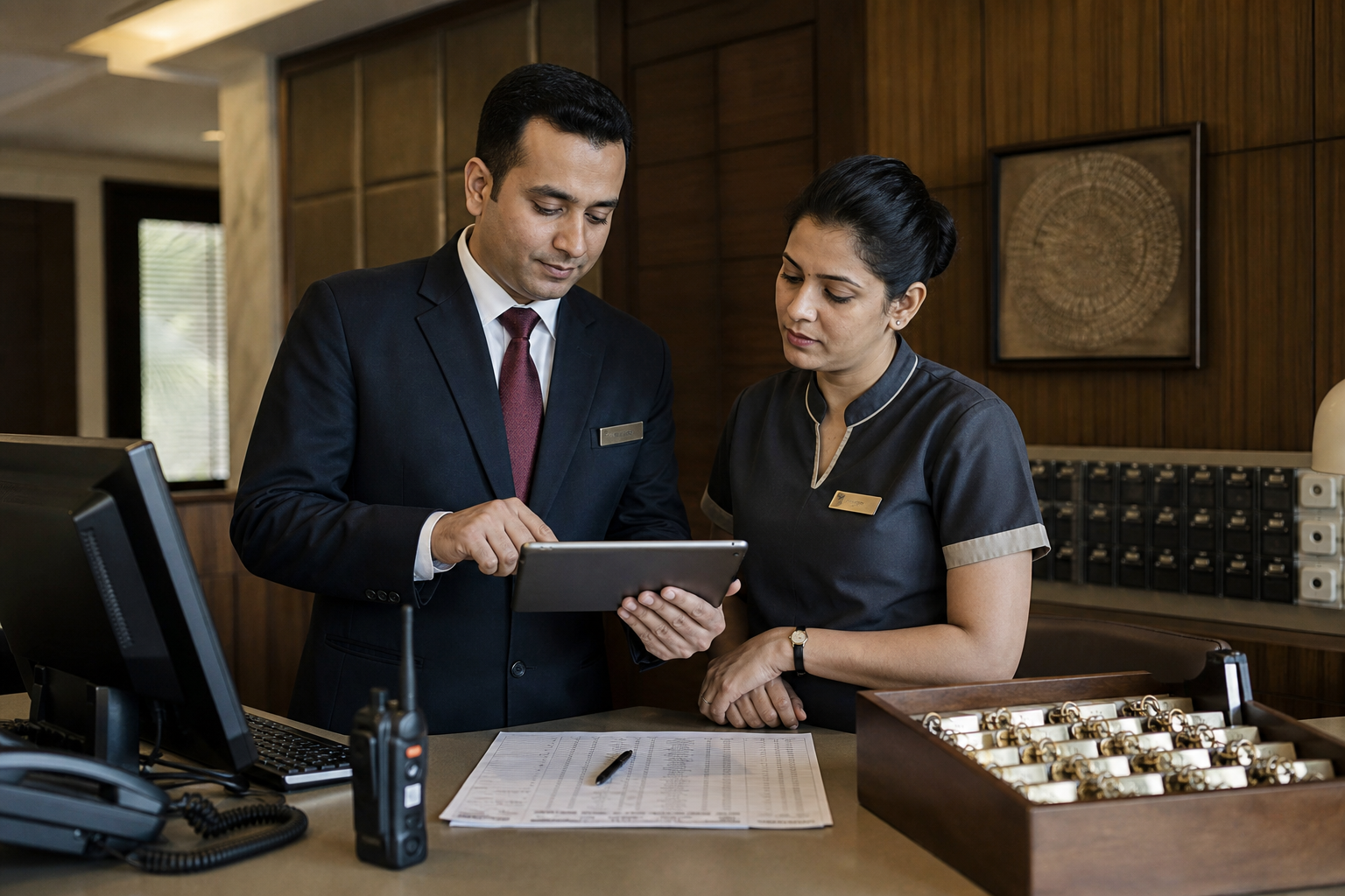 Hotel duty manager and housekeeping supervisor coordinating room readiness before check-in