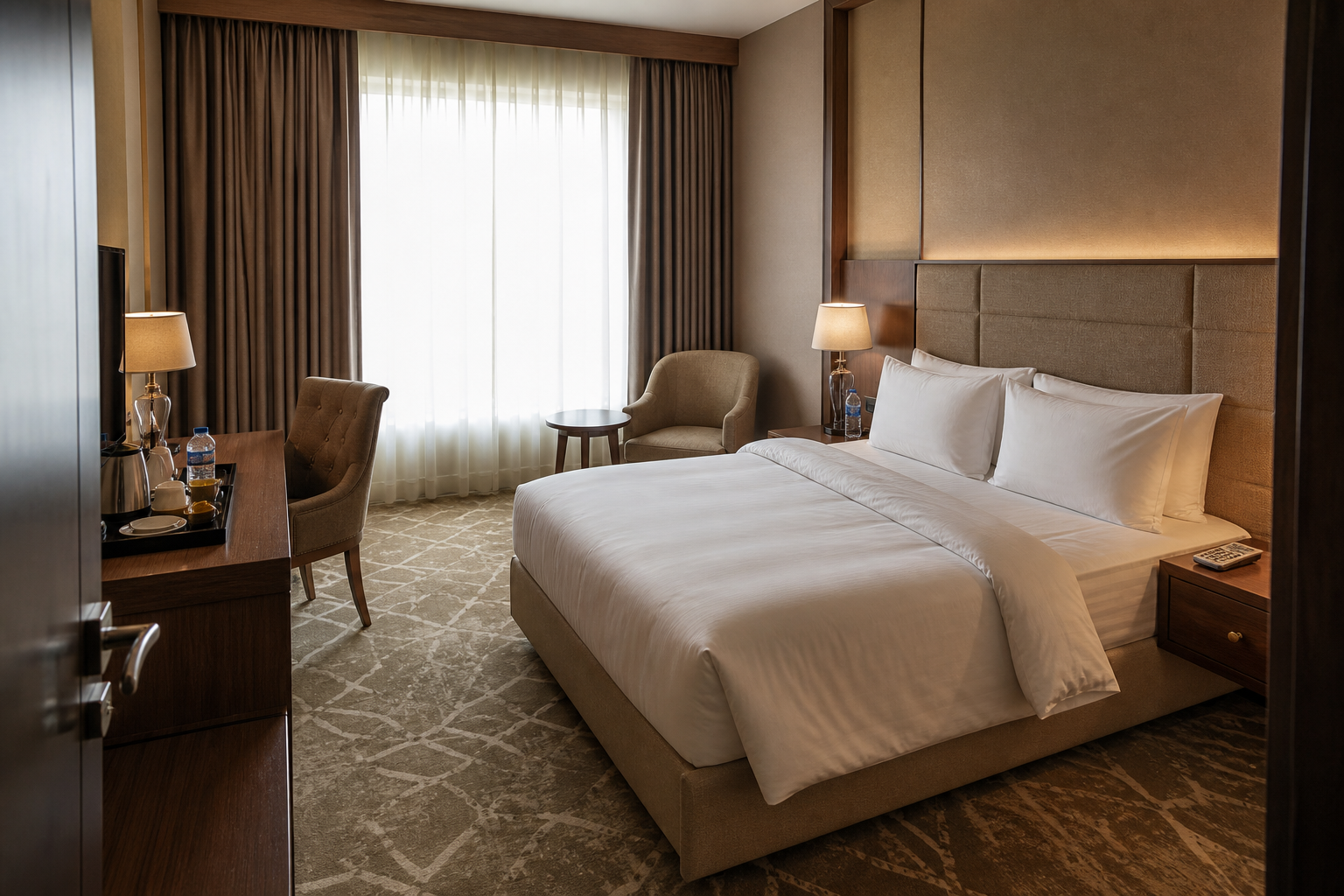 A hotel room made ready before guest arrival, with linens, water, and amenities set