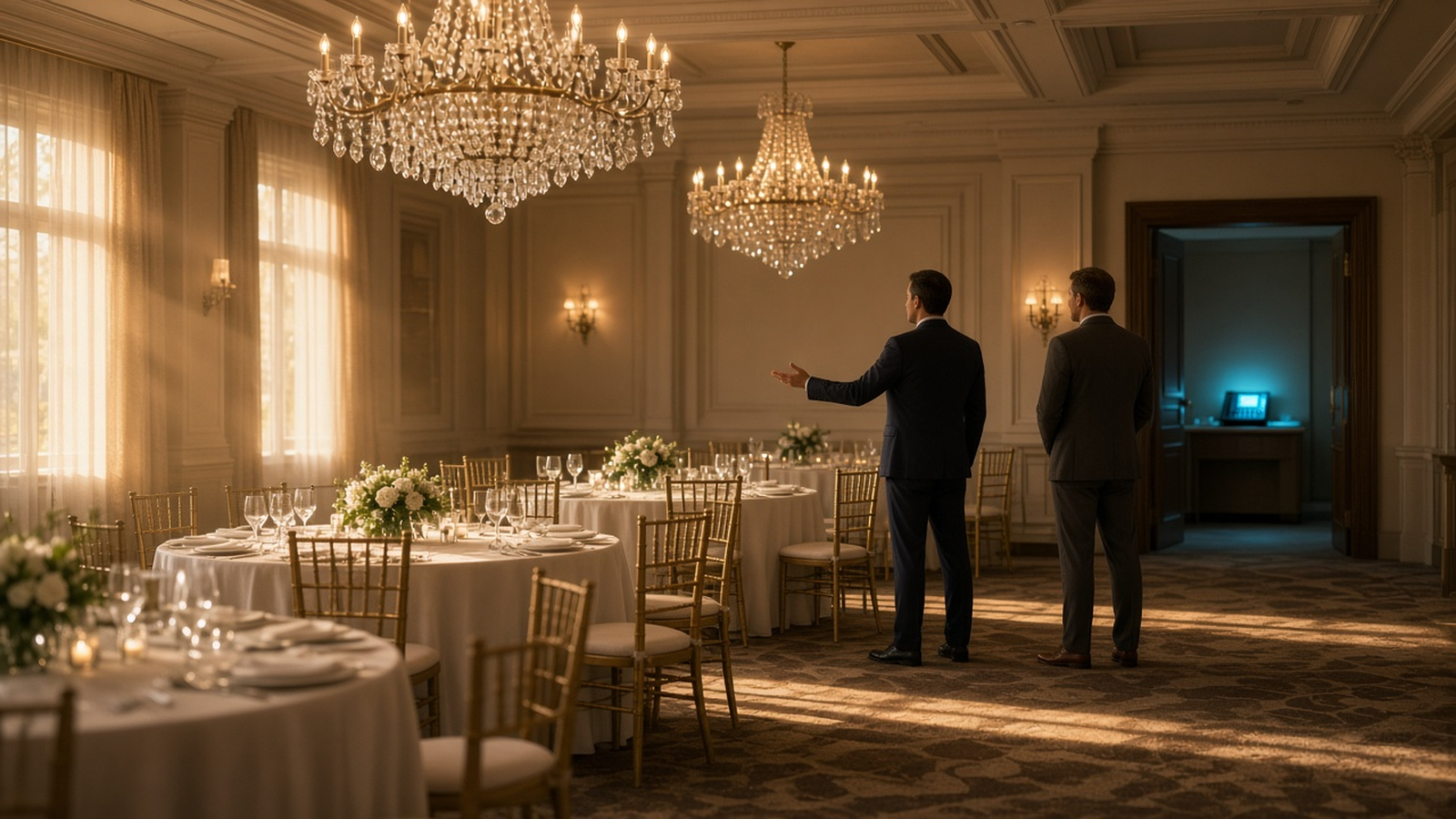 Hotel banquet manager showing a client around a banquet hall while a reception phone glows unattended in the background
