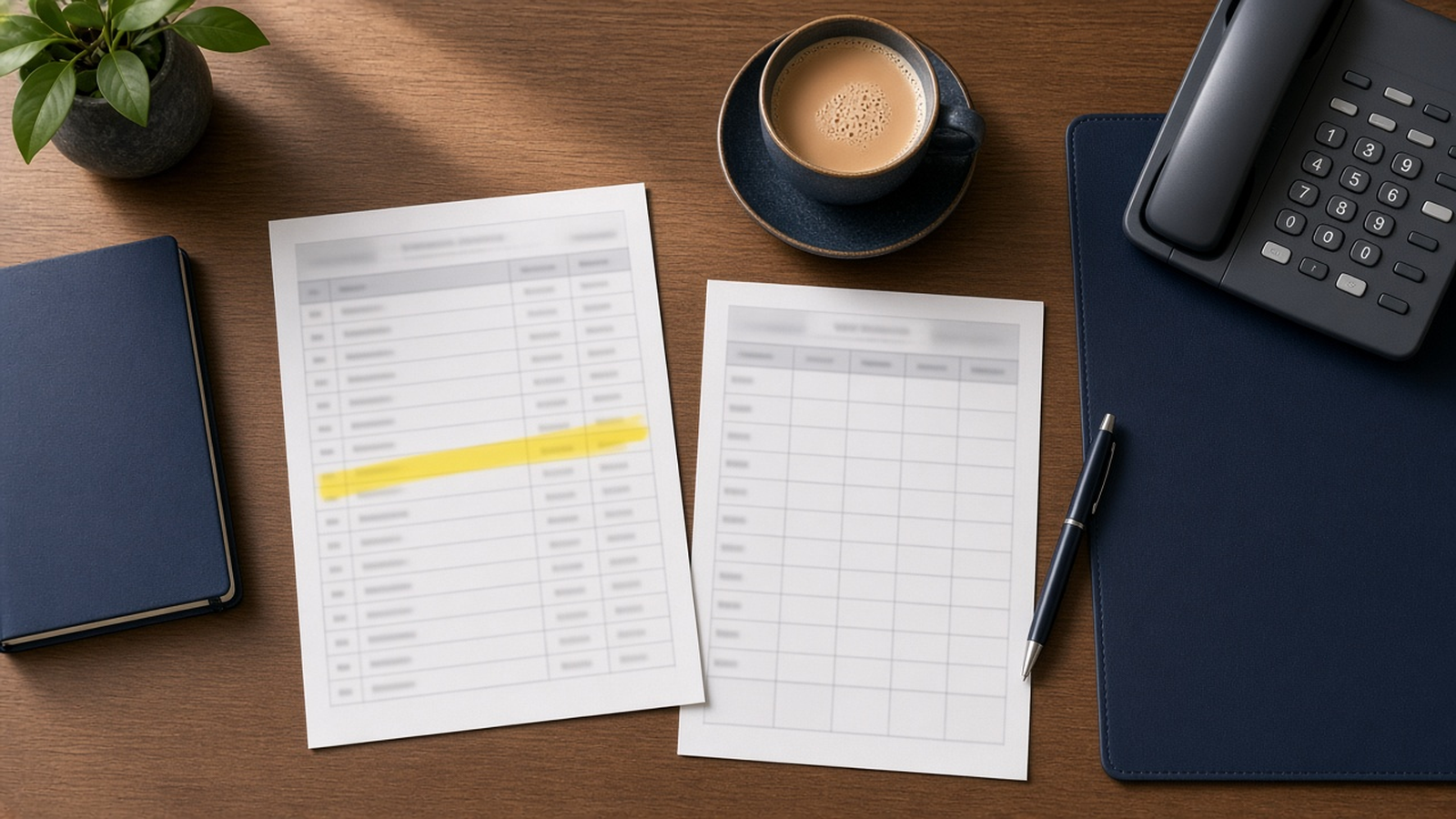 Overhead view of a front office desk with a highlighted call log, a staff roster sheet, a desk phone and a cup of chai