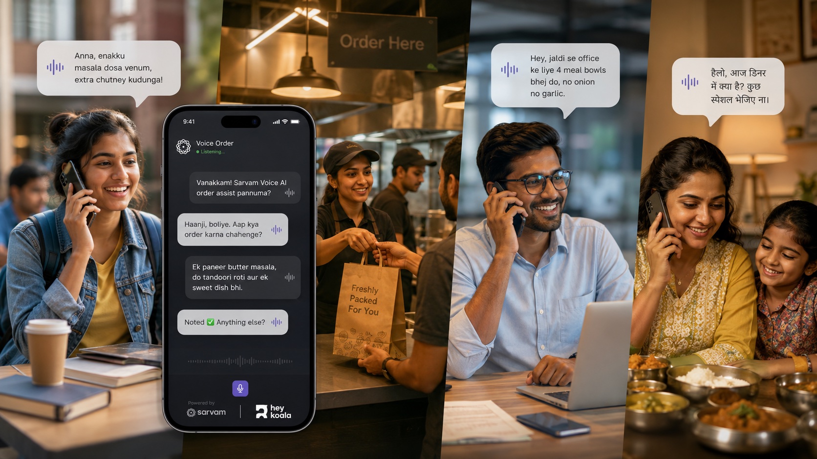 Customers ordering food by voice in Tamil, Hinglish and Hindi, with the order captured accurately in a voice-ordering app