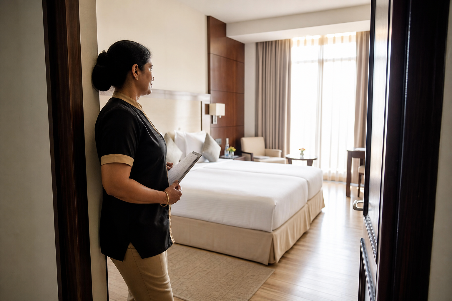 Housekeeping supervisor checking a finished hotel room at the doorway, managing the outcome rather than every task