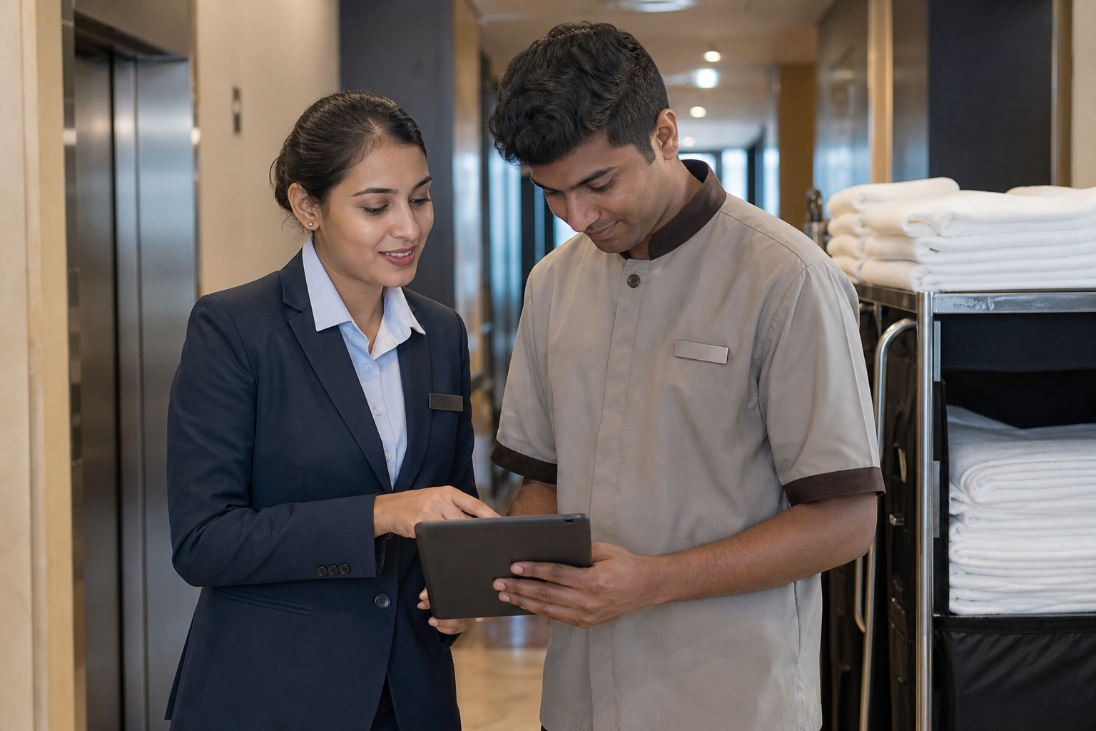 Front desk associate and housekeeping supervisor sharing one view of hotel operations so follow-ups are not the shift