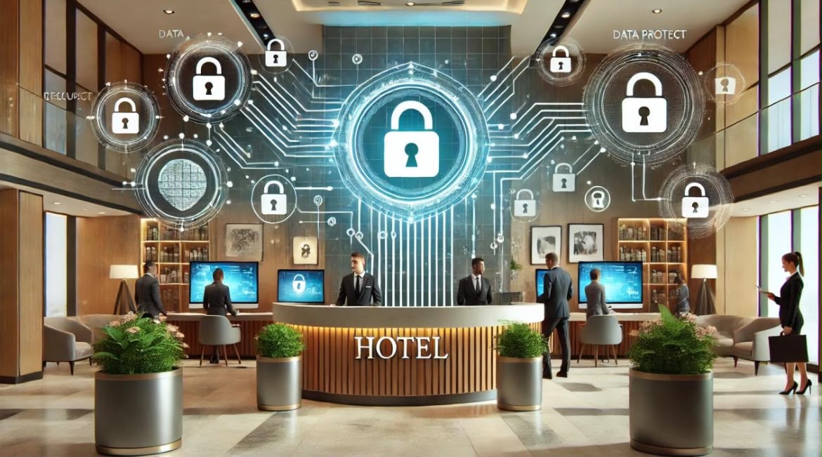 A hotel lobby overlaid with data-protection and encryption icons, representing guest data security and cybersecurity across connected hotel systems