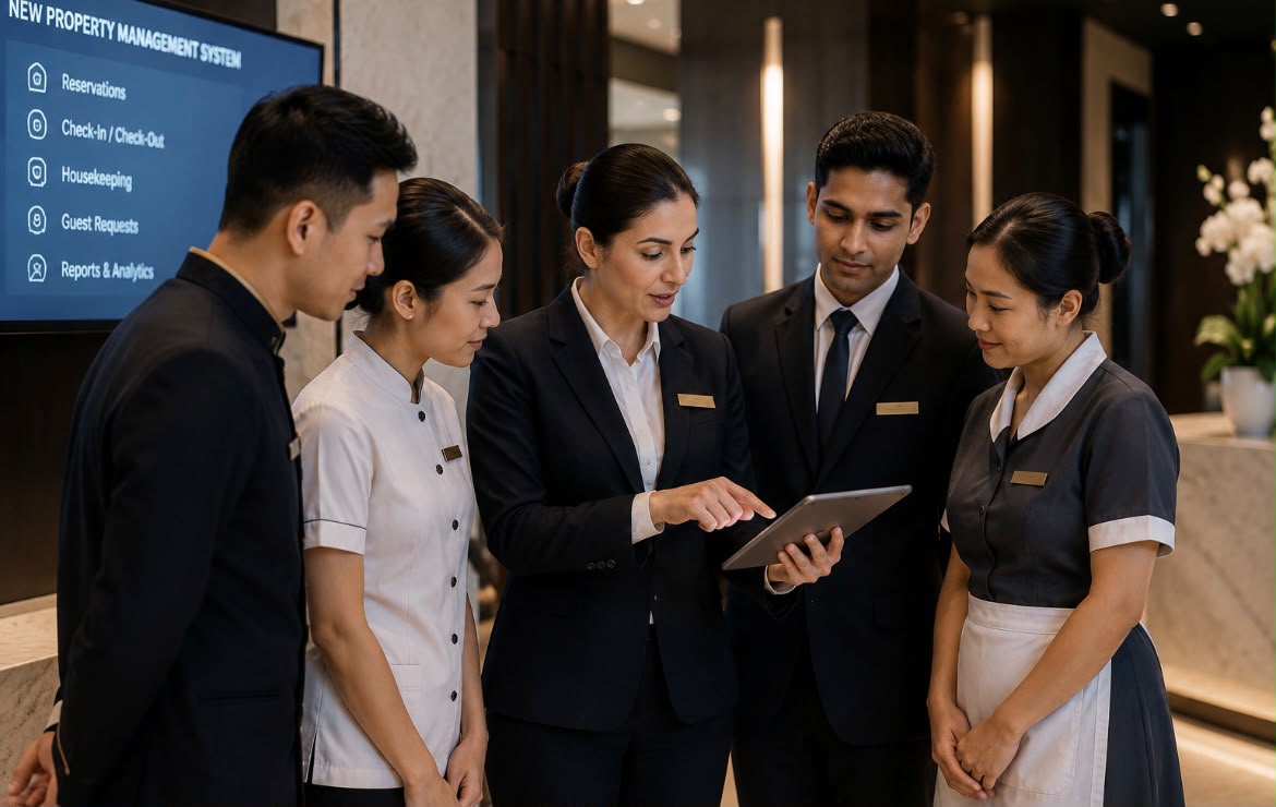 A hotel team gathered around a tablet reviewing a new property management system that unifies reservations, check-in, housekeeping, guest requests and analytics