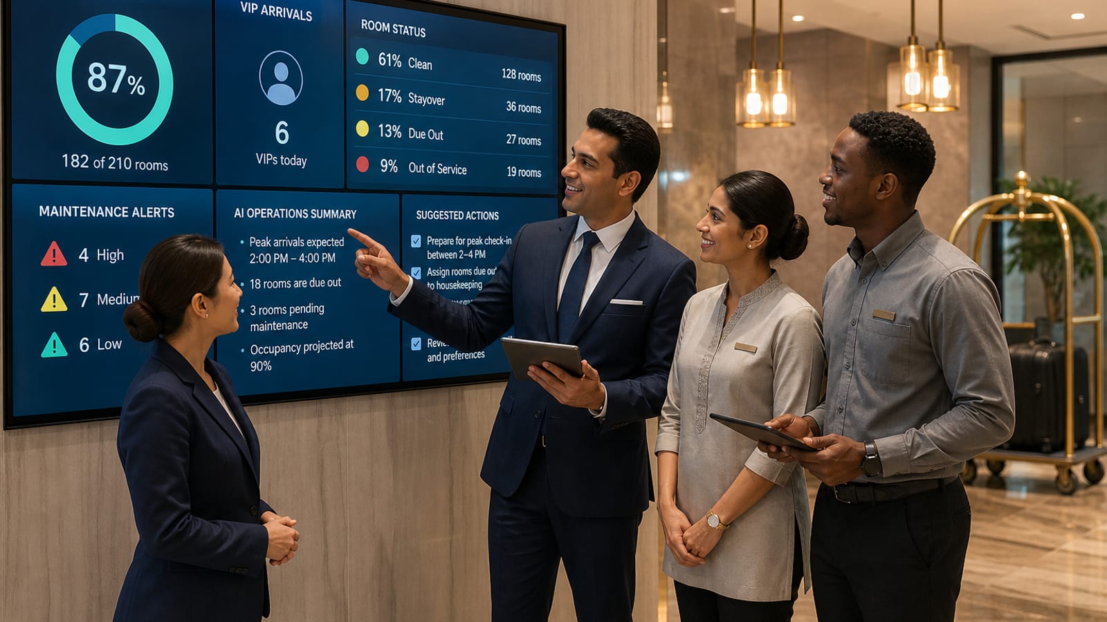 Hotel managers reviewing a shared AI operations dashboard covering occupancy, VIP arrivals, room status, maintenance alerts and suggested actions