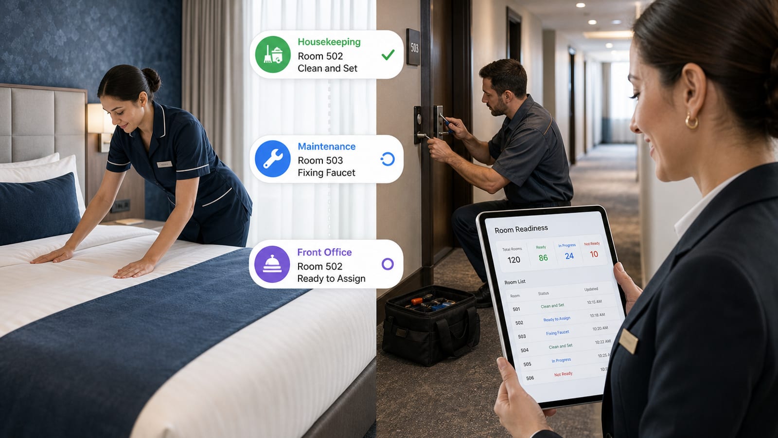 Hotel housekeeping, maintenance and front office connected through one room-readiness operational layer with live status updates