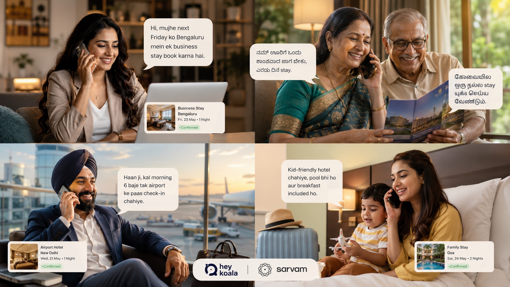Four travellers booking hotel stays over the phone in Hindi, Kannada, Tamil and Hinglish, each receiving a confirmed booking card