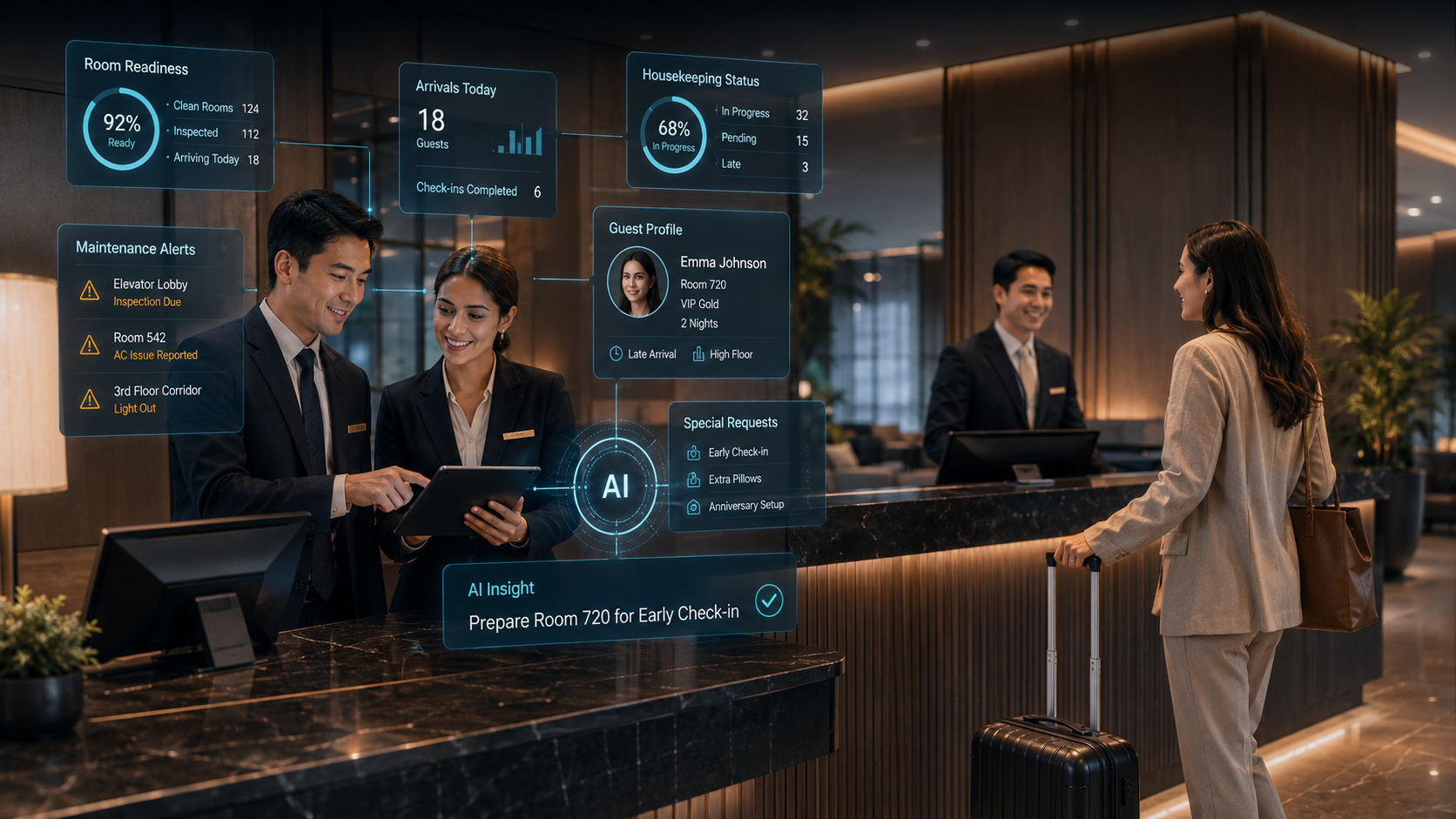 Front desk staff reviewing an AI dashboard showing room readiness percentage, arrivals, housekeeping status and a guest profile