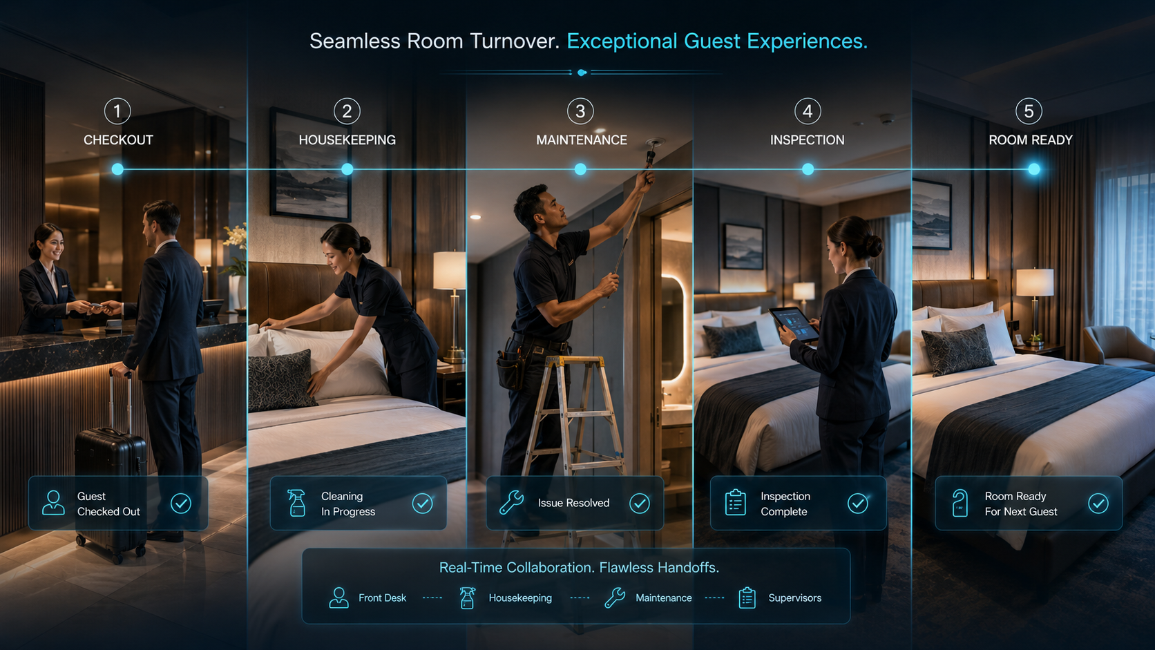 Five-step hotel room turnover timeline: checkout, housekeeping, maintenance, inspection, room ready