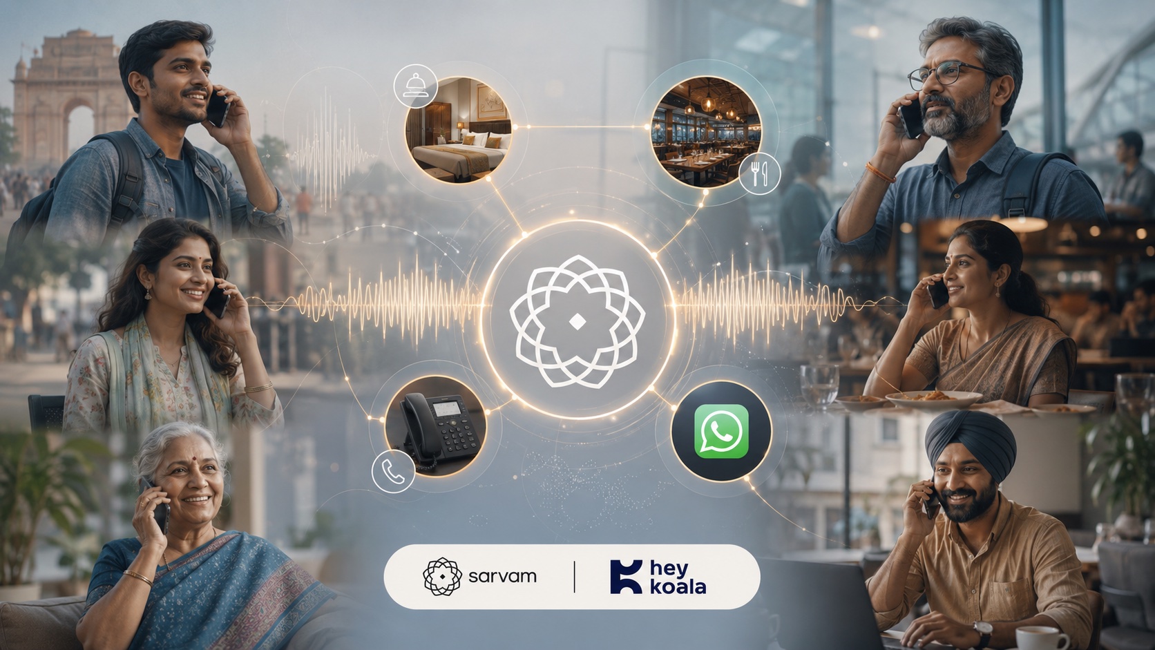 Guests across India calling hotels and restaurants in different languages, connected through Sarvam-powered voice AI over phone and WhatsApp