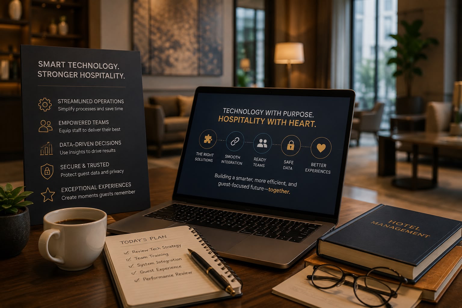 A hotel manager's desk with a technology strategy on screen: the right solutions, smooth integration, ready teams, safe data and better experiences, reading 'technology with purpose, hospitality with heart'