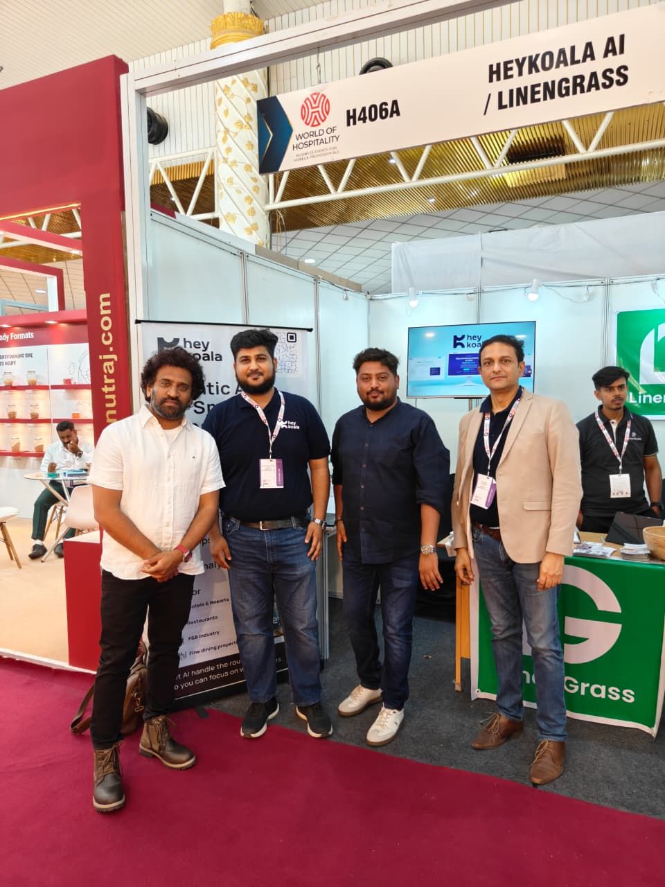 Mr. Raghavendra Rao, founder of The Rameshwaram Cafe, visiting the Hey Koala stall H406A at WOHXpo 2026 with the team and co-exhibitor Linengrass