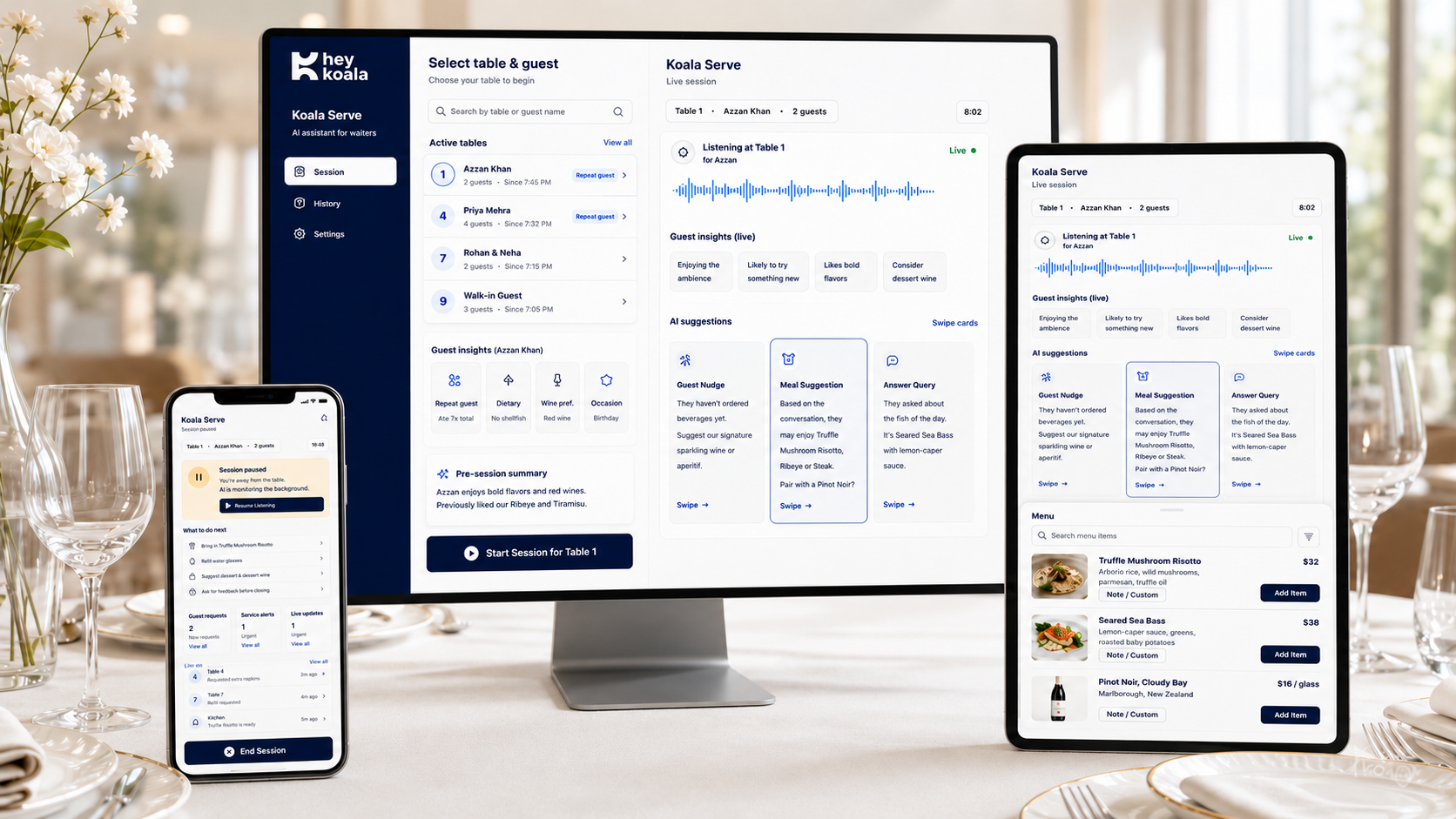 HeyKoala Serve · Fine Dining UI showing AI assistant for waiters with guest insights and meal suggestions