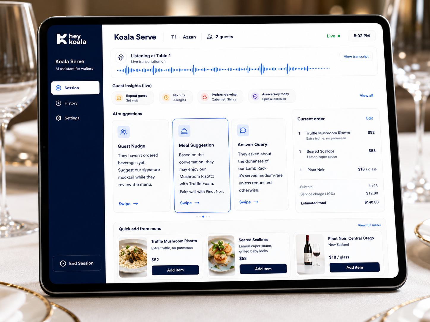 HeyKoala Serve · Fine Dining tablet view. Live table session with listening transcript, guest insights, AI suggestion cards for nudges, meal pairings and queries, and the current order panel.